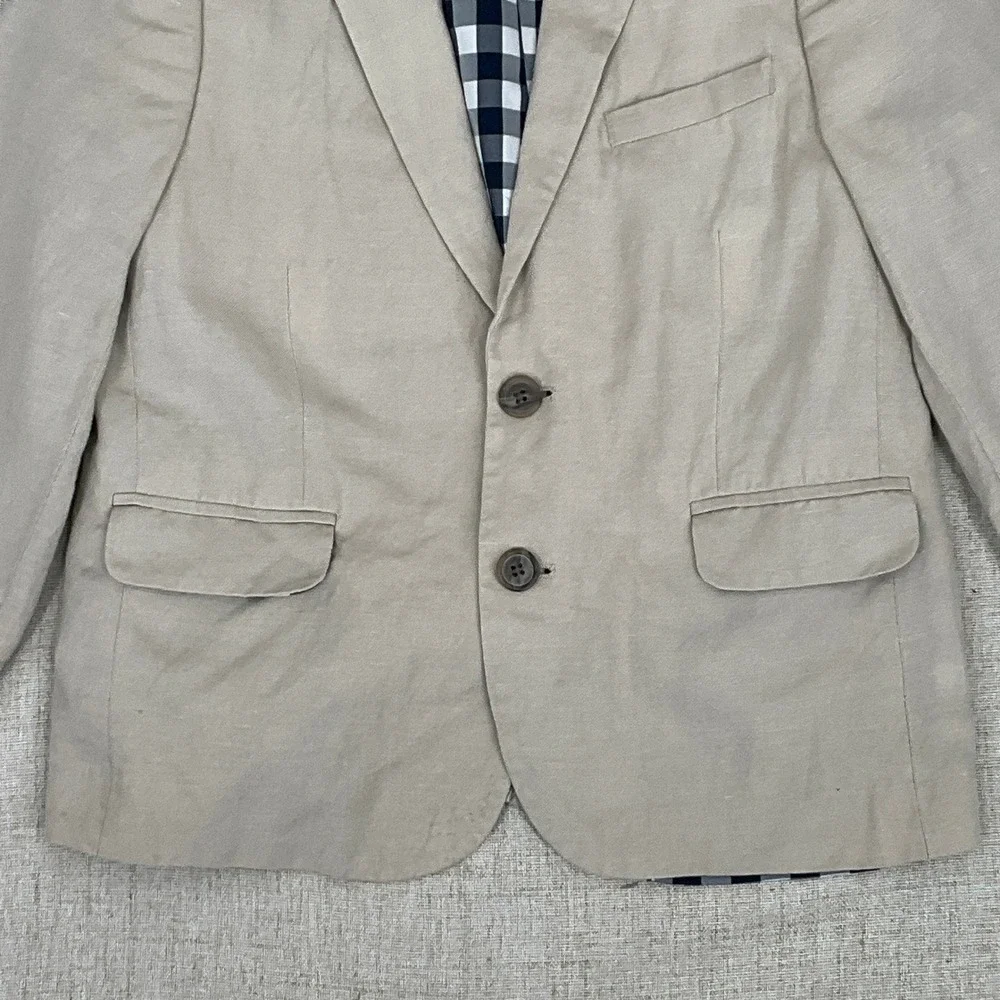 Nordstrom Blazer Kids‎ Sz 7 Tan Linen Gingham Lined Classic Preppy Suit Jacket
